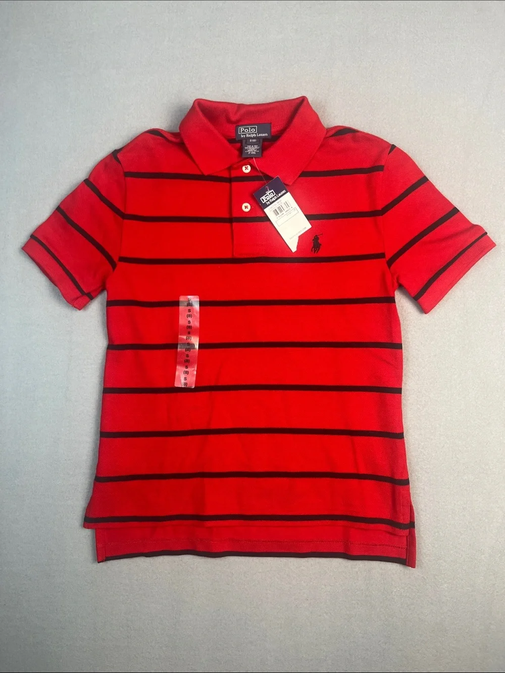Ralph Lauren Boys Red Polo Shirt with Black Stripes  Size: 8